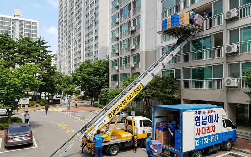 아파트 고층 사다리차 가구 및 박스 반입 현장